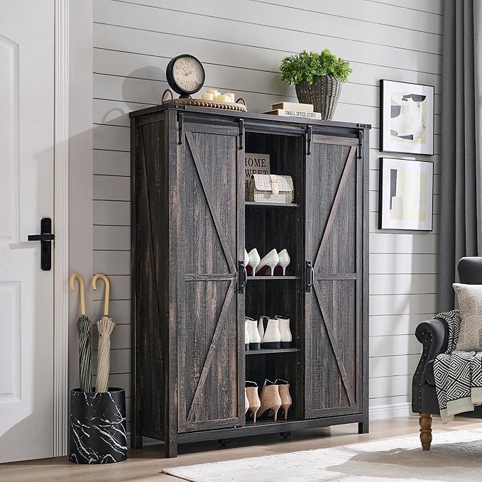 OKD Shoe Storage Cabinet with 2 Sliding Door, 7-Tier 62" Tall Farmhouse Entryway Shoe Organizer, Freestanding Rustic Hidden Shoe Rack Cabinet for Entryway, Dark Rustic Oak