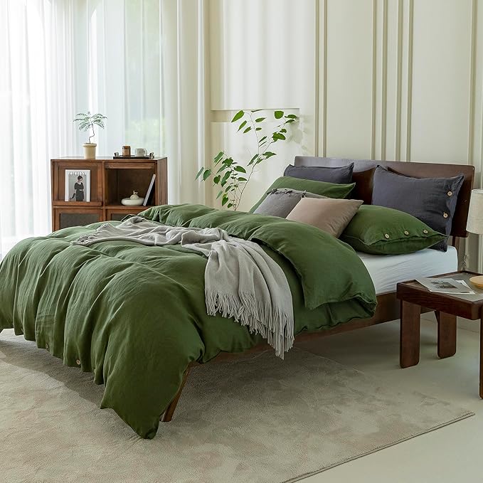 EVERLY 100% Pure Linen Duvet Cover Set Oversized King Size 120X98Inch 3pcs (1 Duvet Cover,2 Pillowcases) Soft and Breathable with Coconut Button Closure,Suitable for Hot Sleepers-Mossy Green