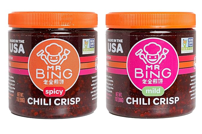 Mr Bing Chili Crisp Variety Pack- Spicy & Mild - Delicious & Flavorful Chili Oil- Made in USA Chili Paste Hot Sauce - Gluten Free, Vegan, No MSG - Pack of 2 (7 oz.) Jars