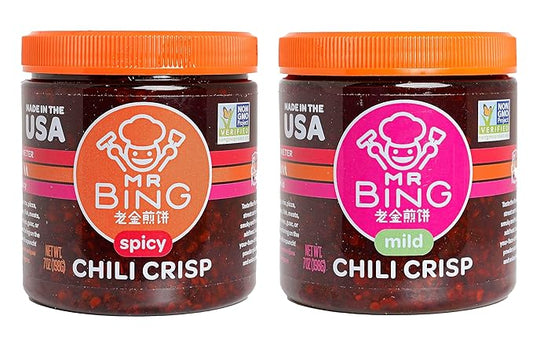 Mr Bing Chili Crisp Variety Pack- Spicy & Mild - Delicious & Flavorful Chili Oil- Made in USA Chili Paste Hot Sauce - Gluten Free, Vegan, No MSG - Pack of 2 (7 oz.) Jars