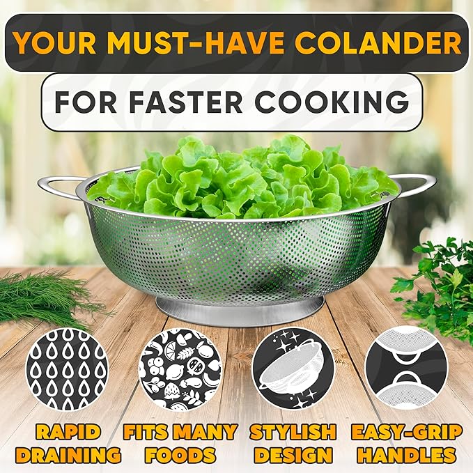 Stainless Steel Colander for Kitchen - 5Qt Rice Strainer With Handles, Perforated Design, Dishwasher Safe, Rust-Resistant - Versatile Stainless Steel Strainer for Grains, Spaghetti, Veggies & Fruits