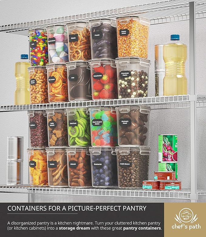 Chef's Path Airtight Plastic Food Containers with Lids - 20 Pack (1.6 Liter Each) - Durable Kitchen and Pantry Storage for Cereal, Rice, Pasta, Sugar - Airtight Food Storage Containers