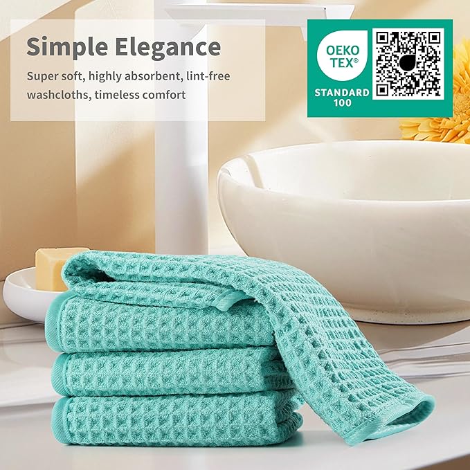 Microfiber Waffle Face Towels, 4 Pieces, Soft, Absorbent, Fast Drying, Lint Free (Turquoise)
