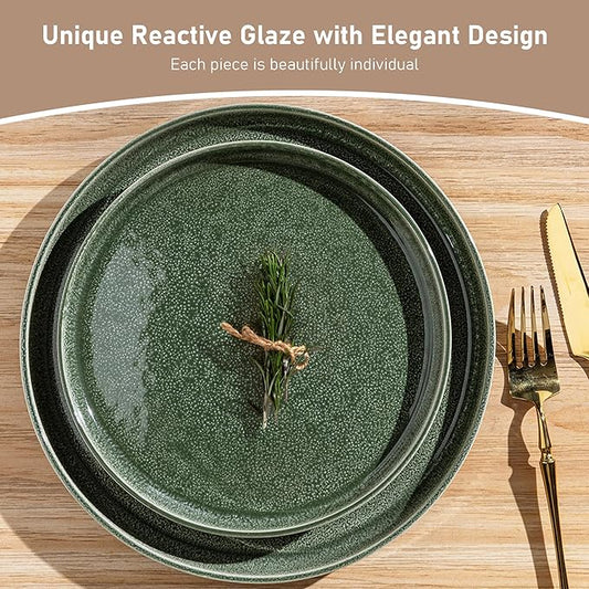 GBHOME Stoneware Dinnerware Sets for 8,Round Reactive Glaze Ceramic Plates and Bowls Set,Highly Scratch Resistant | Dishwasher & Microwave Safe Dishes Set,Service for 8(24Pcs),Dark Green