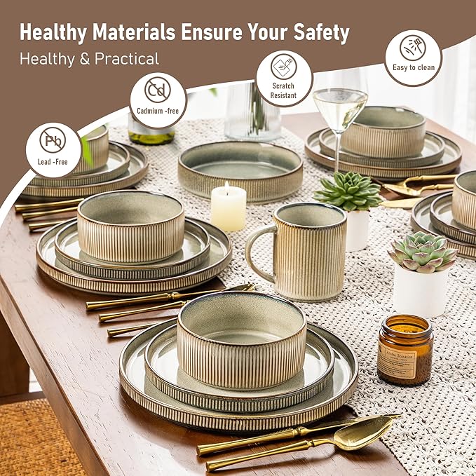 GBHOME Stoneware Dinnerware Sets for 4,Round Reactive Glaze Ceramic Plates and Bowls Set,Highly Scratch Resistant | Dishwasher & Microwave Safe Dishes Set,Service for 4(12Pcs),Green Wheat