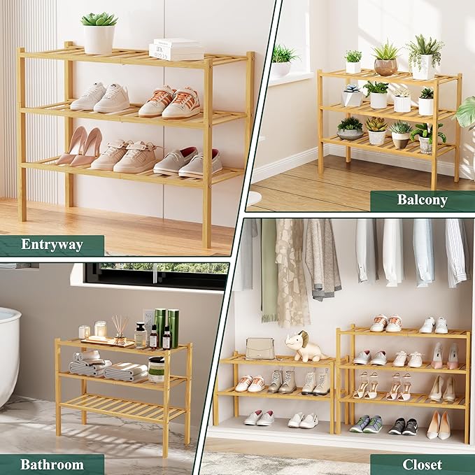 Smiry Shoe Rack, 5 Tier Small Bamboo Shoe Organizer, Stackable Free Standing Wooden Shoe Storage Shelf for Closet, Entryway, Front Door Entrance, Natural