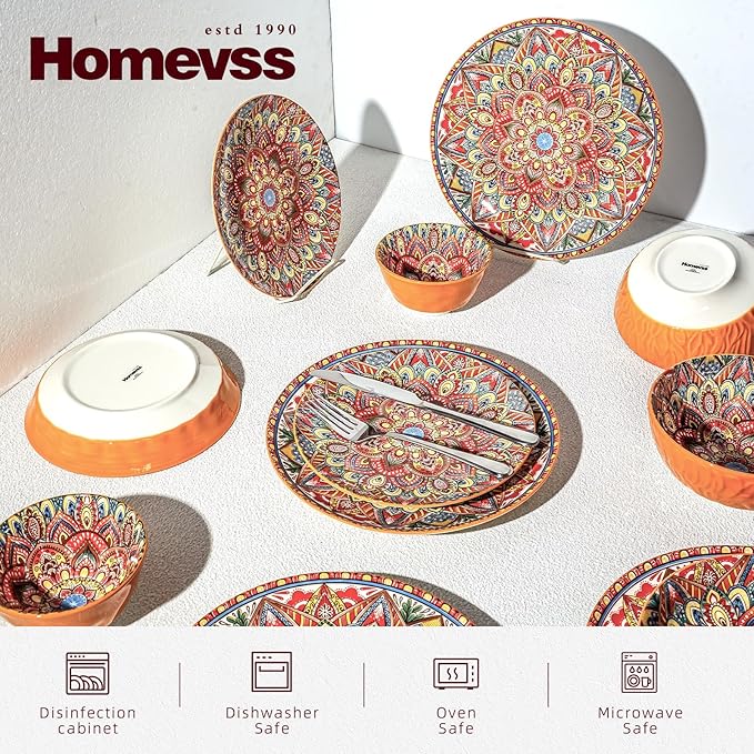 Homevss Boho 20 Pieces Dinnerware Sets, Plates and Bowls Set, Porcelain Dishes Set for 4, Microwave and Dishwasher Safe, Scratch Resistant, Bohemian Style Dining Ware, Orange
