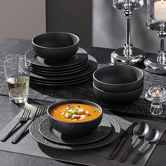 KINGSTONE Black Dinnerware Sets with flatware, 32-Piece Matte Marble Pattern Premium Porcelain, Place Setting with Dinner Plate, Salad Plate, Pasta Bowl, Microwave and Dishwasher Safe
