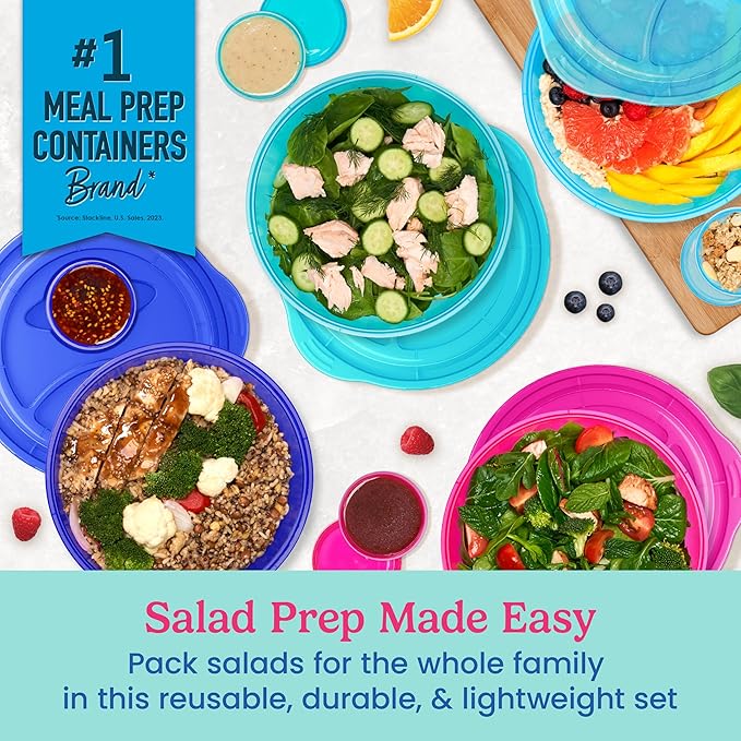 Bentgo Easyboxes Salad-to-Go Containers - 8-Piece Set: 4 Bowls, Leak-Proof Dressing Cups Built-In & 4 Fitted Lids Seal in Freshness; Reusable/BPA-Free for Salad, Pasta, & Cereal (Jewel Brights)