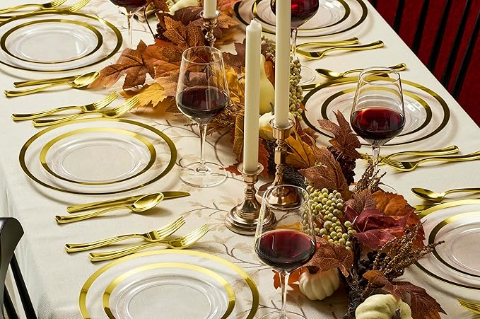 By Madee HEAVYWEIGHT Clear Plastic Plates With Gold Trim | Nice Disposable Plates and Cutlery Set | Includes Gift of Dazzling 3D butterflies for table Decor | 150mPcs for 25 Guests