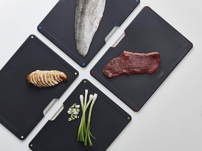 Joseph Joseph Folio 4-Piece Colour coded Cutting Board Set, Stainless Steel Slimline case for organized Kitchen storage, Silver