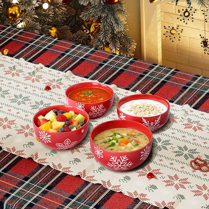 Ollieroo 4 Pieces Ceramic Christmas Cereal Bowls Set, 5.6 Inch White Red Snowflake Xmas Holiday Porcelain All Purpose Dessert Soup Bowls Set for Pasta, Rice, Salad, Microwave and Dishwasher Safe