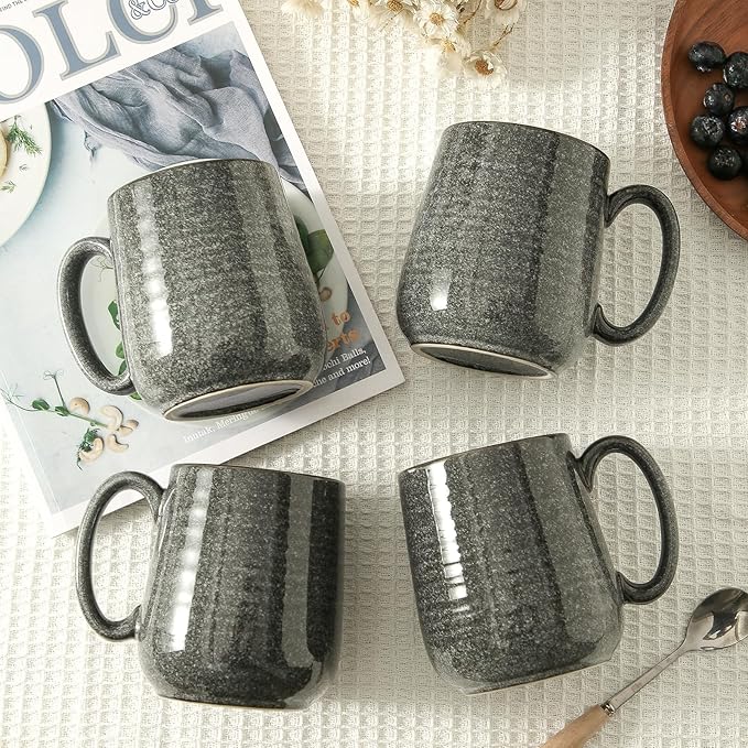 HASENSE Ceramic Coffee Mugs - 15 OZ Large Coffee Cups Set of 4 with Handle for Hot Beverage, Porcelain Latte Mugs for Tea, Milk, Cocoa, Cappuccino and Mocha, Microwave and Dishwasher Safe, Grey