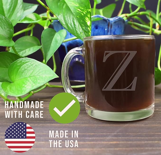 Spotted Dog Company Etched Monogram 12oz Clear Glass Coffee Mug (Letter Z), A-Z Customized Coffee Gifts, Custom Engraved Gifts for Women Her, Personalized Gift for Men, Initial