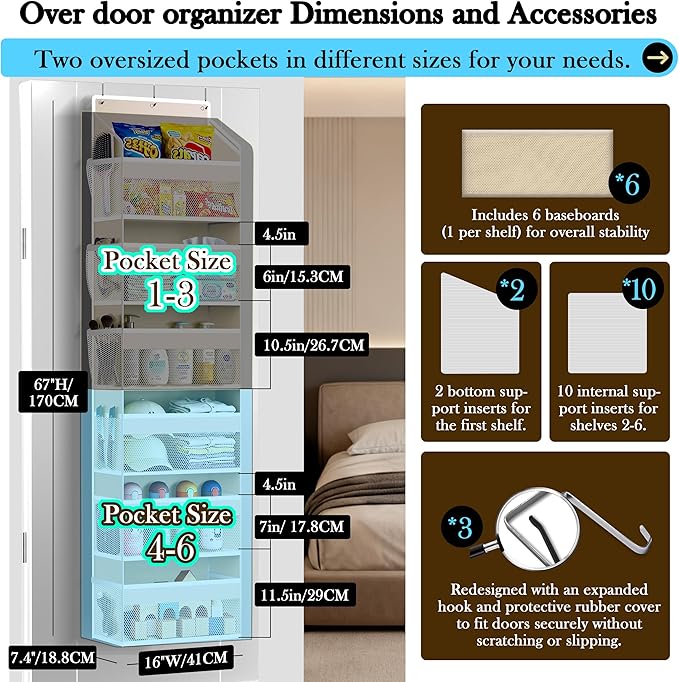 PAULONE 1 Pack Heavy Duty Over the Door Organizer, 6 Large + 12 Mesh Pockets with 89 lbs Capacity, Space-Saving Hanging Storage for Shoes, Toys, Bedroom & Closet-Off-White