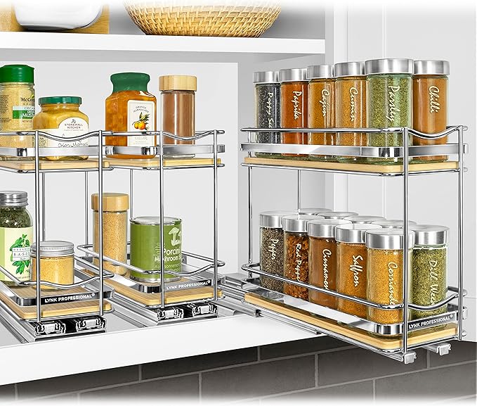 LYNK PROFESSIONAL® Élite™ Pull Out Spice Rack Organizer for Inside Kitchen Cabinets - 4-3/8 inch Wide - Slide Out Drawer – Wood/Chrome Sliding Spice Cabinet Organization Shelf Racks - 2 Tier