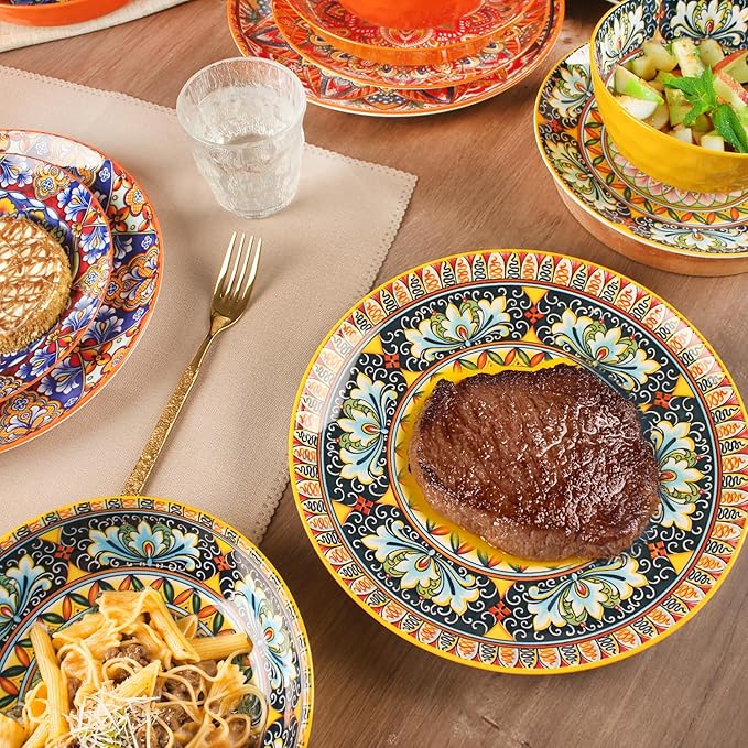 Mandala Dinnerware Sets (16 PCS) Serves for 4, Porcelain Dishes Set, Microwave and Dishwasher Safe, Scratch Resistant, Bohemian Style Dining Ware Service for 4, Colorful No.2