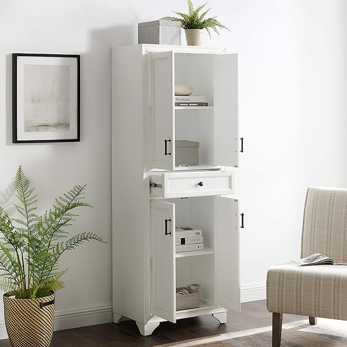 Crosley Furniture Tara Pantry Storage Cabinet with Shelves, Kitchen, Dining, or Laundry Room, Distressed White