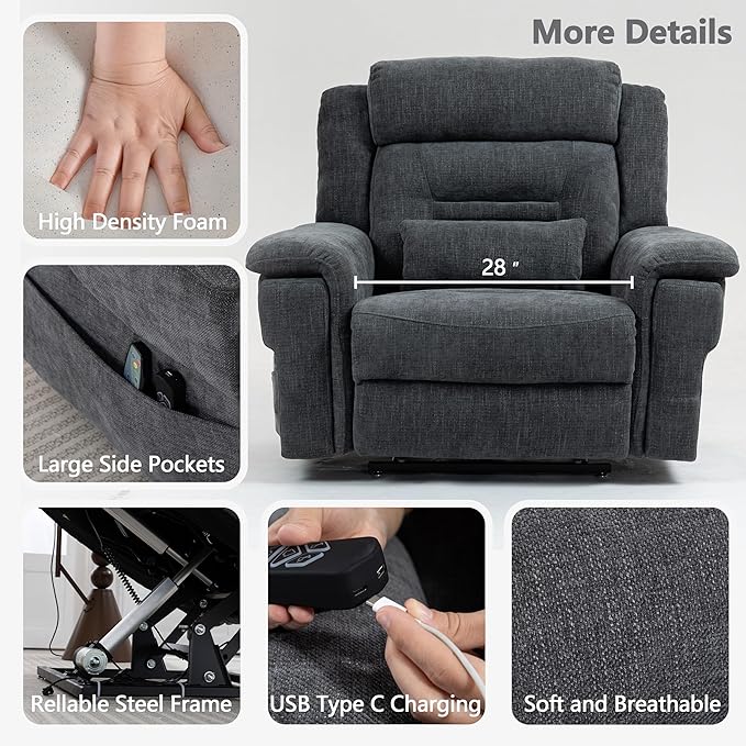 28in Extra Wide Big Man 400lbs Power Lift Recliner Chair for Senior Elderly Adults Lay Flat Lift Recliner with Heat & Massage, Wireless Charging, USB Ports, Cup Holder, Lumbar Pillow