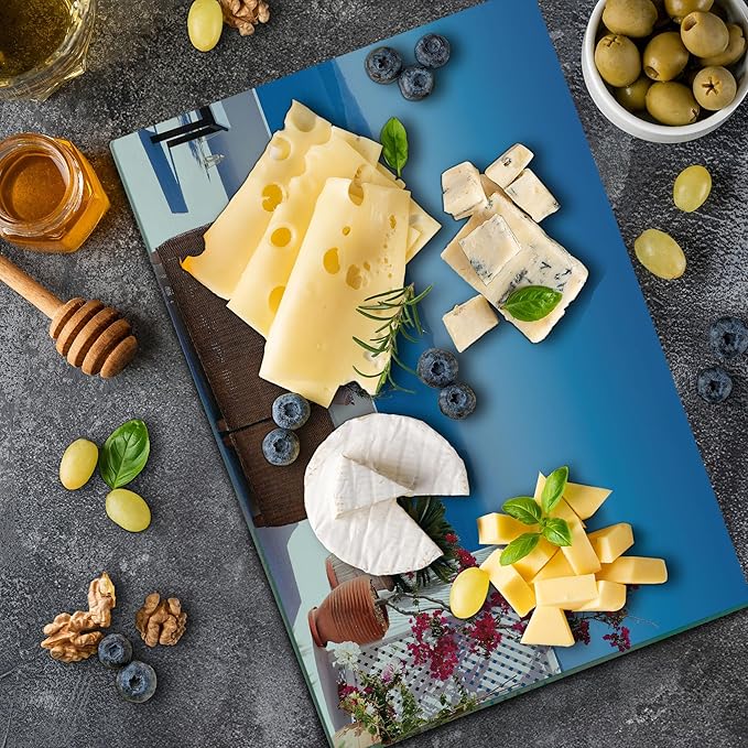 Ambesonne Modern Cutting Board, View of Mediterranean Santorini Aegean Sea Seascape Holiday Artwork, Decorative Tempered Glass Cutting and Serving Board, Large Size, Grey Sky