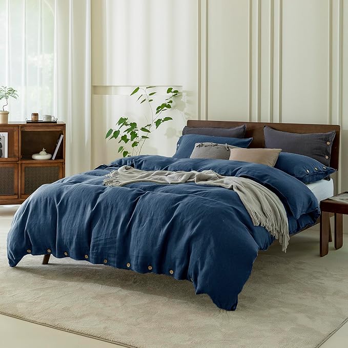 EVERLY 100% Pure Linen Duvet Cover Set Oversized King120X98Inch 3pcs (1 Duvet Cover,2 Pillowcases) Soft and Breathable for All Season with Coconut Button Closure, Suitable for Hot Sleepers-Navy Blue