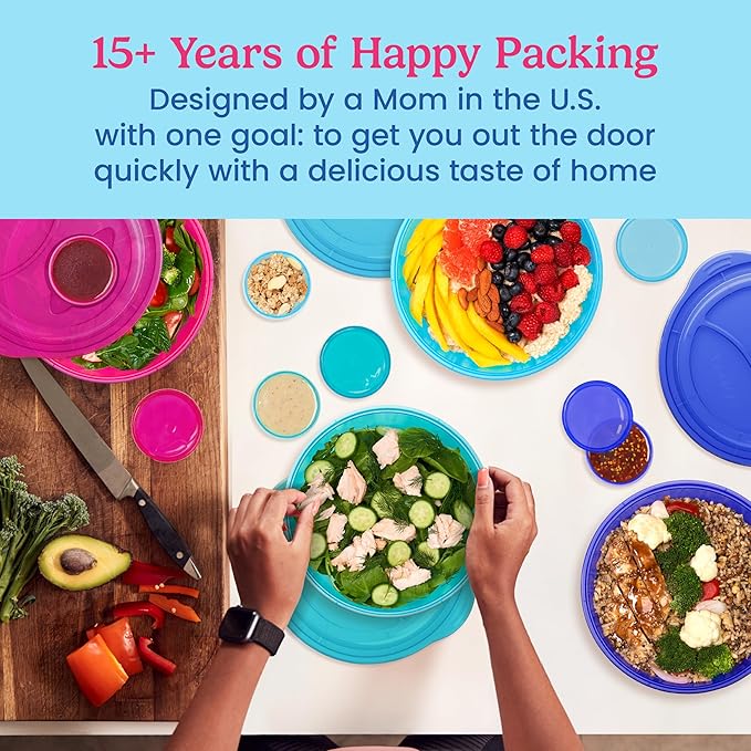 Bentgo Easyboxes Salad-to-Go Containers - 8-Piece Set: 4 Bowls, Leak-Proof Dressing Cups Built-In & 4 Fitted Lids Seal in Freshness; Reusable/BPA-Free for Salad, Pasta, & Cereal (Jewel Brights)