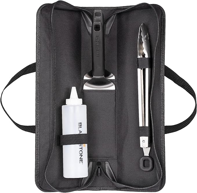 Blackstone 5481 Tabletop 5 Piece Griddle Tool Kit- Outdoor Indoor Grill BBQ Utensils, 2 Stainless Steel Spatulas, 1 Classic Tong, 16Oz Squeeze Bottle, 1 Portable Carry Bag, Black, Silver, White