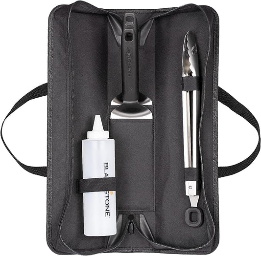 Blackstone 5481 Tabletop 5 Piece Griddle Tool Kit- Outdoor Indoor Grill BBQ Utensils, 2 Stainless Steel Spatulas, 1 Classic Tong, 16Oz Squeeze Bottle, 1 Portable Carry Bag, Black, Silver, White
