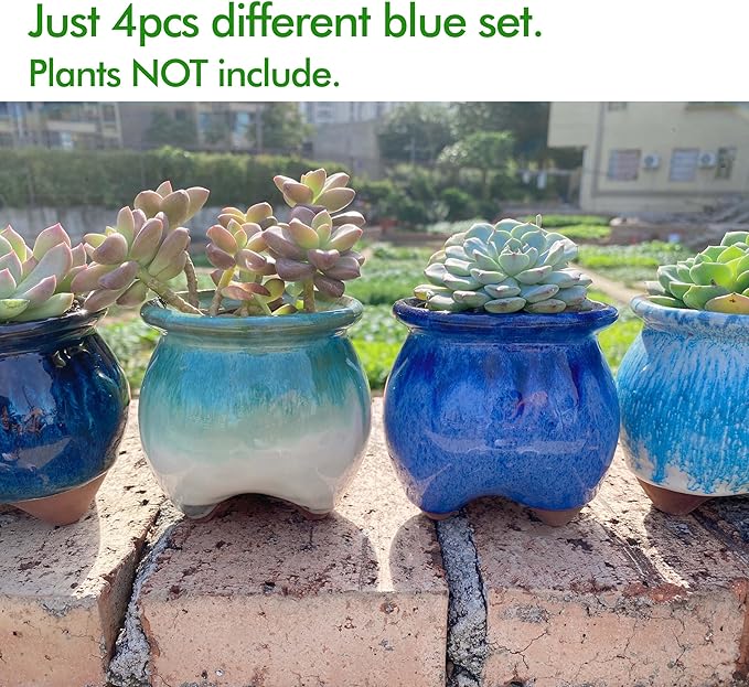 4PCS Small Ceramic Succulent Pots，Cute Glazed Handcraft Succulent Planters with Drainage Hole，3.8 inch Pots for Plants