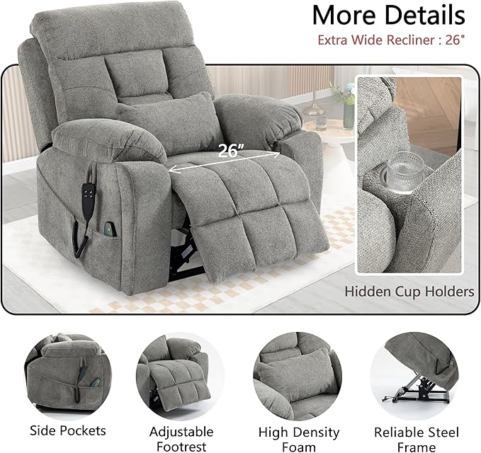 Dual Motor Power Lift Recliner Chair with Massage Heating for Adults Elderly, Electric Lift Chairs Lay Flat Recliners, Infinite Position, 2 Hidden Cup Holders