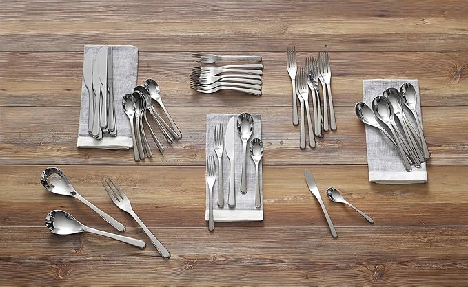 Nambé Aura 45-Piece Silverware Set – Contemporary Stainless Steel Flatware with Polished Mirror Finish, Includes 8 Place Settings & Serving Pieces – Stylish Cutlery for Dining & Hosting