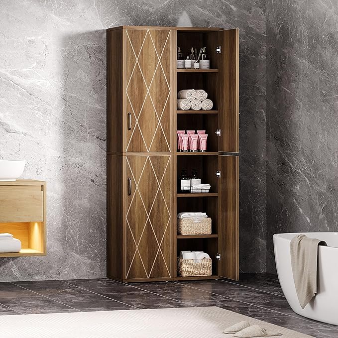 Tribesigns 75" Tall Narrow Storage Cabinet, Modern Farmhouse Pantry Cabinet with Doors and 6 Shelves, Skinny Freestanding Utility Cabinet for Kitchen, Bathroom, Laudry, Living Room, Brown