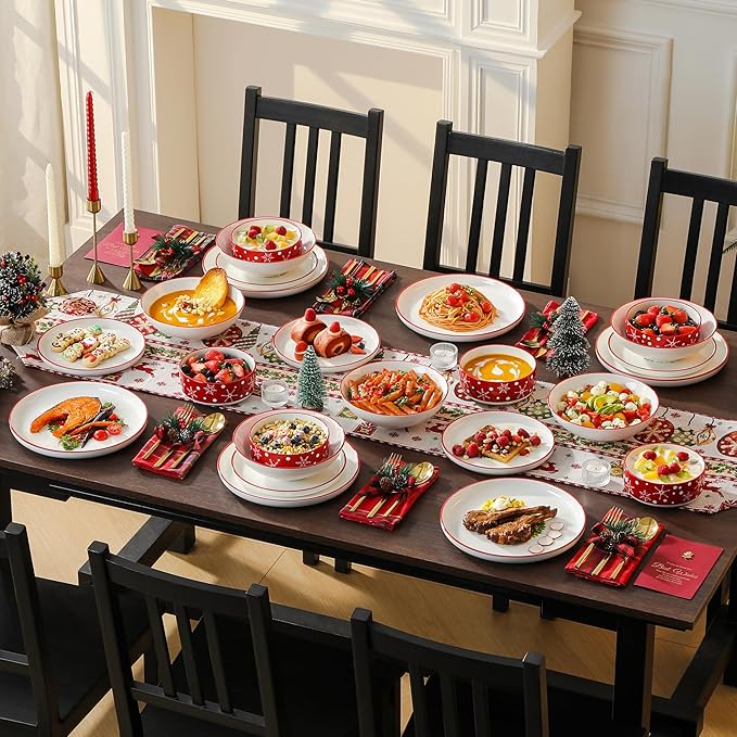 MALACASA Plates and Bowls Sets, 24 Pieces Christmas Porcelain Dinnerware Set for 6, Ceramic Dishware Dishes White Kitchen Dinner Dining Ware Set, Microwave and Dishwasher Safe, Series LUNA-Santa Claus