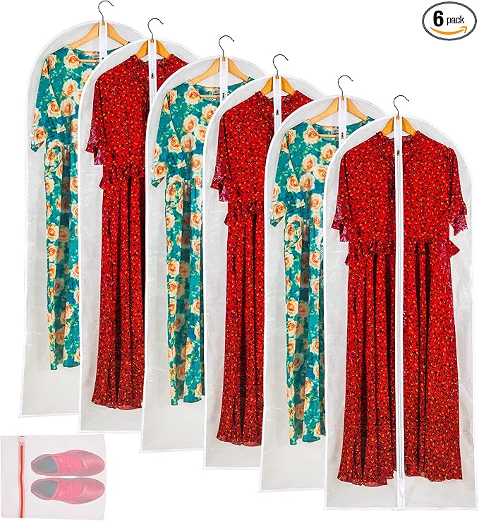 Clear Garment Bags for Long Gowns, Vinyl Dress Storage Bags, Zippered Plastic Protector for Dresses, 24"x60", 6 Pack