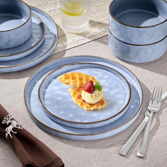 Herogo 18 Pieces Dishes Sets for 6, Stoneware Dinnerware Dishwasher & Microwave Safe, Ceramic Plates and Bowls Sets for Kitchen Restaurant, Haze Blue