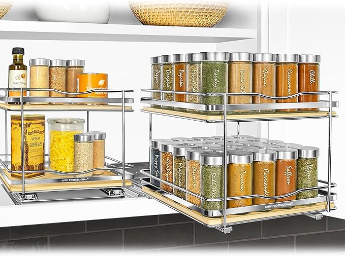 LYNK PROFESSIONAL® Élite™ Pull Out Spice Rack Organizer for Inside Kitchen Cabinets - 10-3/8 inch Wide - Slide Out Drawer – Wood/Chrome Sliding Spice Cabinet Organization Shelf Racks - 2 Tier