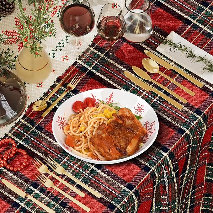 Ollieroo 4 Pieces Ceramic Christmas Pasta Bowls Set, 8 Inch 26oz White Red Snowflake Xmas Holiday Porcelain Wide and Shallow Salad Serving Bowls Plates, Microwave and Dishwasher Safe
