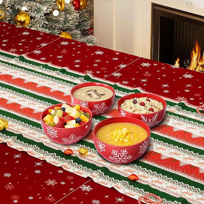 6 Pcs Christmas Cereal Bowls, 23 Oz Ceramic Bowl Set, Deep Serving Bowls, White Red Snowflake Xmas Holiday Soup Bowls for Salad, Dessert, Pasta, Ice Cream, Dishwasher and Microwave Safe
