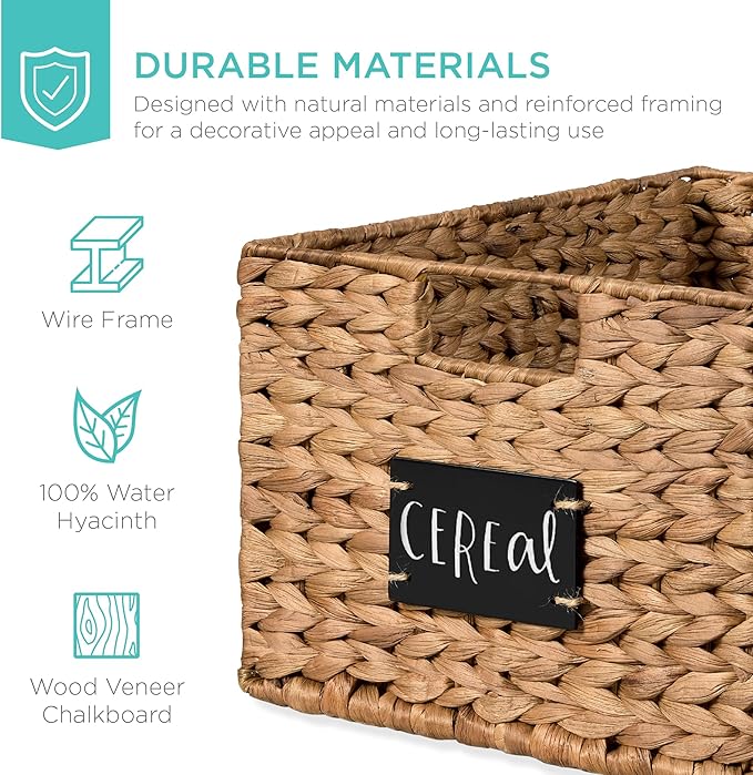 Best Choice Products Pantry Baskets Set of 2 16x12in Water Hyacinth Storage Baskets, Woven Wicker Kitchen Organizers with handles w/Chalkboard Label Chalk Marker - Chestnut