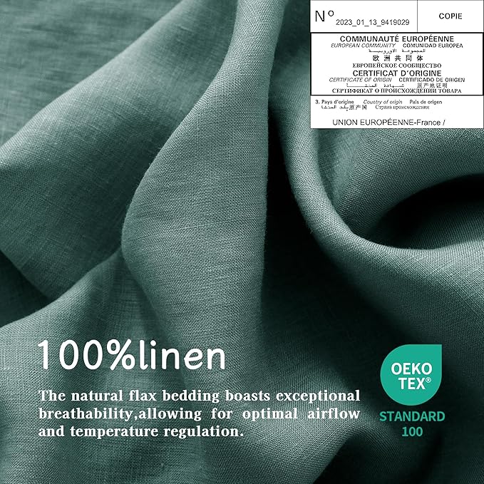 EVERLY 100% Pure Linen Duvet Cover Set King Size 104X90Inch 3pcs (1 Duvet Cover,2 Pillowcases) Soft and Breathable for All Season with Coconut Button Closure, Suitable for Hot Sleepers-Aqua-King