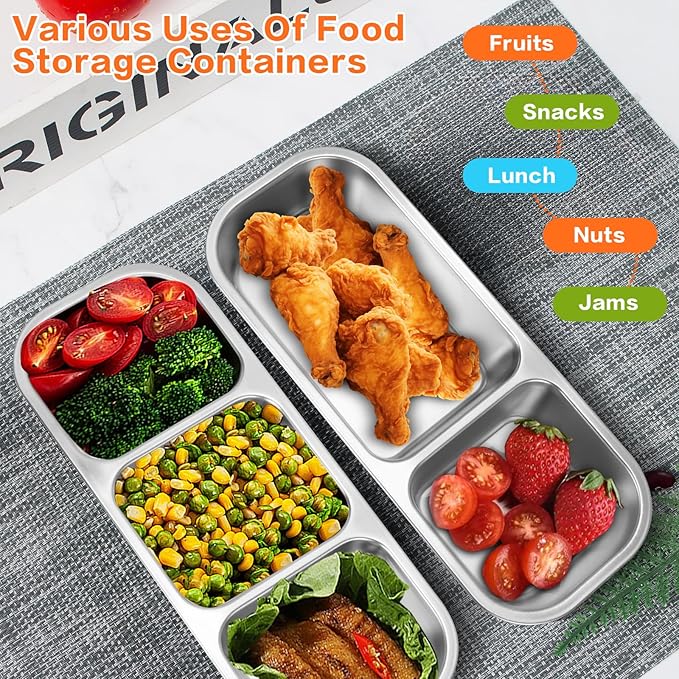 4 Pack Stainless Steel Snack Containers with Lids, 3-Compartments Reusable Lunch Box for Adults, Food Storage Containers Divided Meal Prep Box for Home, Work, Travel