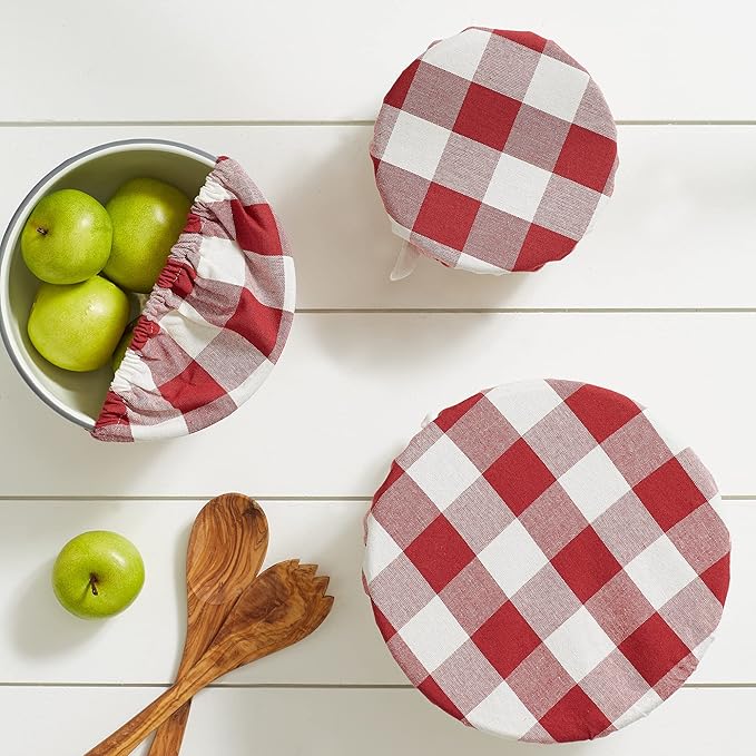 DII Reusable Cloth Bowl Cover Collection Machine Washable, Cotton with Elastic Stretch for Food Storage, 10.25"/8.25"/7.5" Diameter, Farmhouse Plaid, Barn Red, 3 Piece