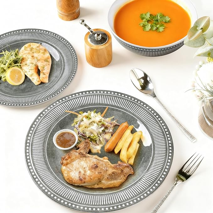 AELS Melamine Dinnerware Set of 12 Pcs, Dinner Dishes Set for Indoor and Outdoor Use, Melamine Plates and Bowls Set for 4, Dishwasher Safe, Lightweight Unbreakable, BPA Free, Gray