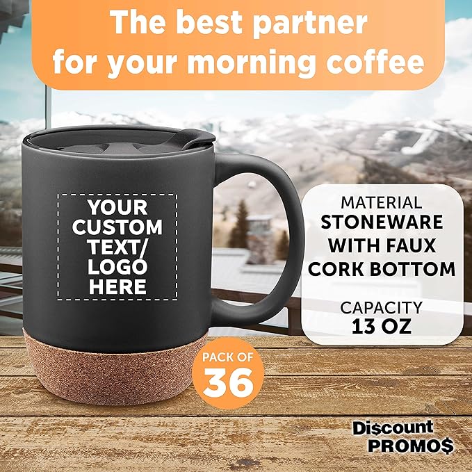 Custom Barista Ceramic Mugs with Cork Bottom 13 oz. Set of 36, Personalized Bulk Pack - Perfect for Coffee, Tea, Espresso, Hot Cocoa, Other Beverages - Black