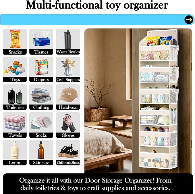 PAULONE 1 Pack Heavy Duty Over the Door Organizer, 6 Large + 12 Mesh Pockets with 89 lbs Capacity, Space-Saving Hanging Storage for Shoes, Toys, Bedroom & Closet-Off-White