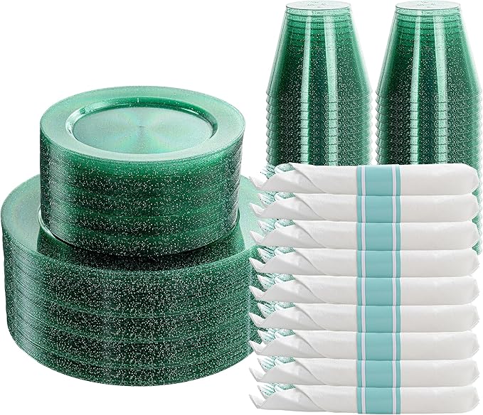 DaYammi 210PCS Green Glitter Plastic Dinnerware Set for 30 Guests, Fancy Disposable Plates for Party, Include: 30 Dinner Plates, 30 Dessert Plates, 30 Pre Rolled Napkins and 30 Cups