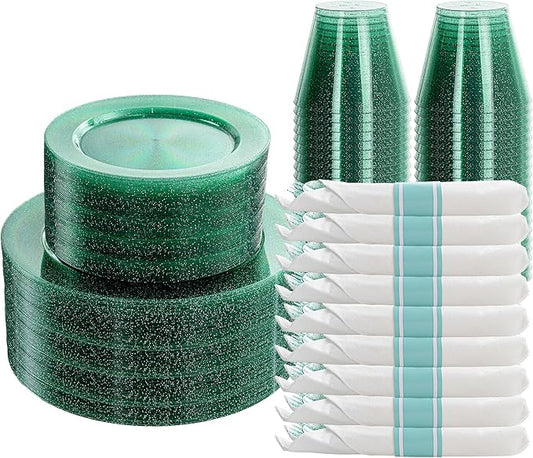 DaYammi 210PCS Green Glitter Plastic Dinnerware Set for 30 Guests, Fancy Disposable Plates for Party, Include: 30 Dinner Plates, 30 Dessert Plates, 30 Pre Rolled Napkins and 30 Cups