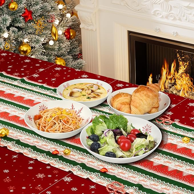4 Pcs Christmas Pasta Bowls, 26 Oz Ceramic Bowl Set, Wide and Shallow Serving Bowls, White Red Snowflake Xmas Holiday Soup Bowls for Salad, Dessert, Pasta, Ice Cream, Dishwasher and Microwave Safe