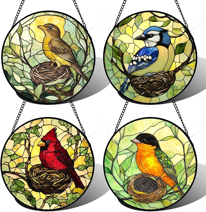Stained Glass Window Hanging 4 Pcs Set Bird Theme On Branch 6.3" - Cardinal Suncatcher Door Garden Sun Catcher Decor Birthday Christmas for Mom Woman Nana Men