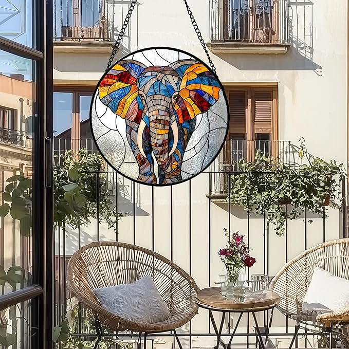 Stained Glass Window Hanging, Colorful Elephant Sun Catcher for Door Home Decor Animal Suncatcher Christmas Mother's Day Birthday Gifts for Women Men Mom and Nana 7.8 in